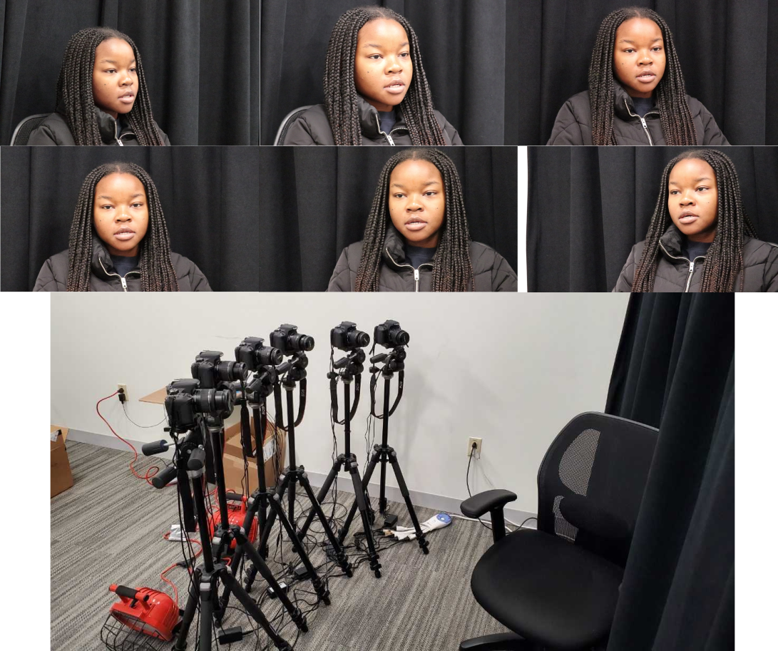 Data capture rig of six cameras with example multi-view frames of a speaker